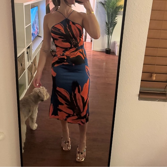 Blue and orange floral print high neck midi dress | NWT - Picture 2 of 8